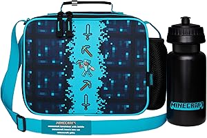 Minecraft Lunchtasche Kinder oder Set mit Trinkflasche Isolierte Creeper Kühltasche für Lunchbox und Snacks für Schule Alltag Urlaub Gamer Geschenk (Blau/Schwarz)