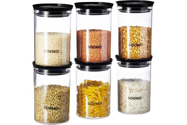 Amazon Brand - Solimo Plastic Storage Jar and Container Set I Air Tight & BPA Free Containers For Kitchen Storage Set I Grocery Kitchen Container Set I Multipurpose Jar, 900 Ml Each, Set 6, Black