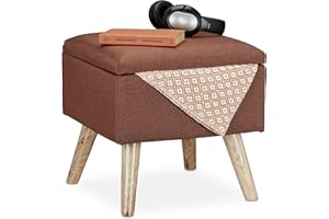 Relaxdays Taburete Bajo, Puff Asiento Almacenaje, Baúl Almacenamiento, 1 Ud., Madera-Tela, 40 x 40 x 40 cm, Marrón