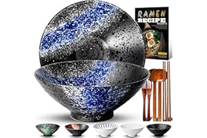YTLEMON 8 Pollici 2 Set Ciotola Ramen In Ceramica(9 pezzi), Ciotola Di Pasta Giapponesi Con Ricette Forchetta Bacchette E Cucchiaio Per Spaghetti Zuppa Di Insalata Snack Bowl Regali Per Uomini Donne Di Casa