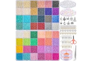 HONGTEYA 35000 Pcs Glass Seed Beads, 48 Colors Seed Beads for Jewelry Making Kit with Letter Bead 0.5mm Elastic String, for DIY Bracelets Necklaces Jewellery Making Kit (2mm)
