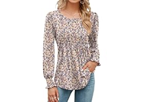 Rapbin Women's Long Sleeve Tops Fall Puff Tunic Tops Pleated Crew Neck T-Shirts Casual Loose Blouses with Smocked Cuffs