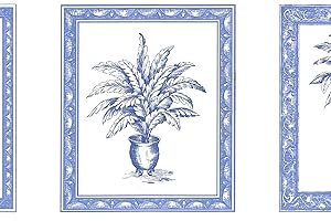 Dundee Deco BD6083 Prepasted Wallpaper Border - Vintage Beige, Blue Stylized Flowers in Pots Wall Border Retro Design, 15 ft x 7 in (4.57m x 17.78cm)