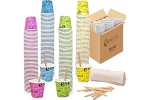 Caffetti Set 500 Bicchierini Caffè + 500 Palette - Bicchieri 75 ml 2,5 oz in Carta Colorati e Palettine Usa e Getta Riciclabili, per Ristoranti, Ufficio, Asporto, Bar, Espresso