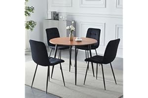 HomJoy 90CM Round Dining Table and Chairs Set 4 Modern Circular Walnut Space Saving Kitchen Table Velvet Padded Upholstered Chairs Sturdy Metal Dining Living Room Restaurant (Black, Table and Set 4)