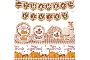 MestectPET 98 Stück Thanksgiving Partygeschirr, Pappteller Becher Servietten Tischdecken Banner für 24 Gäste, Kürbis Ahornblatt Geschirrset für Erntedankfest Herbst Party Zubehör Tischdekoration
