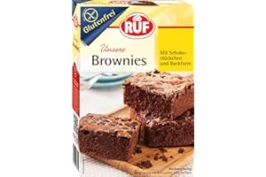 ‎RUF RUF Glutenfreie Brownies Backmischung für American Chocolate Brownie mit Schokostücken inkl. Backform, Zöliakie geeignet, vegan