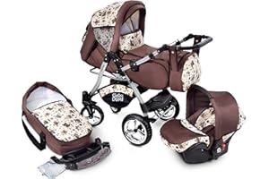 GaGaDumi Urbano 3 in 1 Kombikinderwagen Kinderwagen mit Autositz Komplettset incl Babyschale Buggy Wickeltasche Regenschutz Moskitonetz Voll-Gummireifen Braun/Eulenmuster