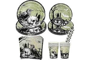 CSYY Halloween Vaisselle Assiette Kit, 50 Pcs Party Supplies Set pour 10 Invités, Assiettes en Papier Citrouille et Fantôme Assiettes à Dessert Gobelets en Papier Pailles Serviettes Vaisselle
