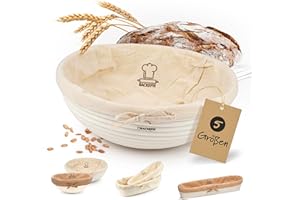 Backefix Gärkorb rund 27 cm für 1,5 kg bis 2 kg Brot - Gärkörbchen groß zum Brot backen Zubehör für perfekt geformtes, handgemachtes Brot | naturbelassener Gärkorb zum Brotbacken mit Leinentuch