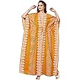THEKAFTANSHOP Women's Casual Style 100% Pure Relaxed Fit Hand Dyed Batik Free Size Kaftan | Nightwear Kaftan | Nighty For Women | Lounge Wear | Sleepwear - Yellow Dotted K02