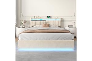 BRYXR Polsterbett 140x200 mit Stauraum&Lattenrost, Doppelbett mit USB Type-C Aufladen, Hydraulischem und LED-StauraumKopfteil, Jugendbett, Funktionsbett, Bettgestell Beige Samt(Ohne Matratze)