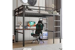 Wyibwy Cama alta de 140 x 200 cm con toma de corriente con USB Type-C y escritorio, litera de metal de matrimonio con múltiples estantes y escalera, barandillas, para niños, sin colchón, color negro