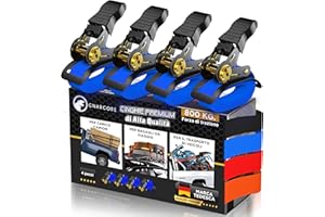 GNARCORE Cinghie di Fissaggio a Cricchetto Premium, Set da 4, Resistenza 800 Kg, Con Borse e Velcro - Certificato DIN EN 12195-2