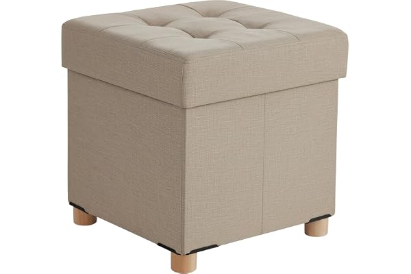 Relaxdays pall med förvaringsutrymme, beige | stoppad, HxBxD: 38 x 38 x 38 cm, linneutseende, träben, fyrkantig sittpall