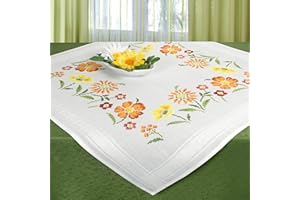 TISCHDECKENSHOP24 Stickpackung BLUMENWIESE, komplettes Vorgezeichnetes Tischdecken Set zum Sticken, Blumen Stickset mit Stickvorlage für Erwachsene, Sticken im Kreuzstich