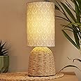 Decazone Elegant Design Small Boho Table Lamp Rustic Paper Rope Rattan Wicker Look Standard Bedside Table Desk Lamp with Contemporary Linen Shade