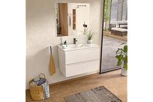 BELLOBATH - Mueble Baño Suspendido con Lavabo de Cerámica y Espejo, Mueble Baño con Lavabo Montado con 2 Cajones, 80 x 55 x 46 cm, Mueble Blanco