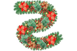 TIMIYOU Ghirlanda Natalizia, 2.7m Decorazioni Natalizie, Ghirlande Natalizie Rattan con Fiori Artificiali e Bacche Rosse, per Porta, Scale, Camino, Esterno, Ghirlanda Natale