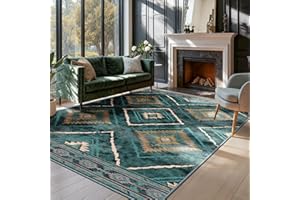 DEFYNEE Machine Washable Rugs for Living Room, 150x210 cm Non-Slip Area Rugs, Rugs for Bedroom, Moroccan Rug for Living Room, Hallway, Bedroom, and Kitchen, Teal/Green