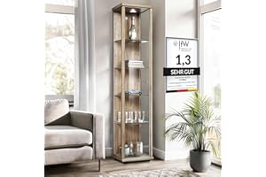 ‎K-MÖBEL K-Möbel Glasvitrine Stehend (176x37x33cm) - Made in Germany - Vitrinenschrank Sonoma Eiche mit 4 höhenverstellbaren Glasböden & LED - Vitrine Glas stehend - Glasschrank - Display Cabinet