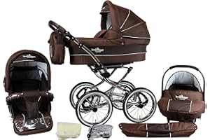 Bergsteiger Venedig Nostalgie Kinderwagen 3 in 1 Retro Kombikinderwagen Megaset 10 teilig inkl. Babyschale, Babywanne, Sportwagen und Zubehör (chocolate)