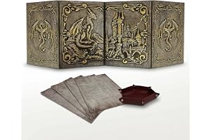 Dungeon Master-skärm med tärningsbricka - DOJA Hobbies - Vikbar DM-skärm med 4 paneler i guldfärgat syntetläder, med fickor o