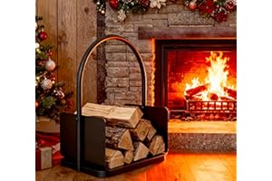 Kingson Soporte para Cesta de Leña – Portador de Troncos de Acero con Recubrimiento en Polvo Negro con Asa y Borde Elevado – 42x28x42cm – Estante de Almacenamiento de Madera para Chimenea Interior y