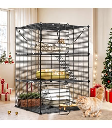 Iris Ohyama, Cage, Box, Plastic Metal Case with 3 Entrances, 3 Levels, Roof and Doors with Safety Clasp, L93 x D63 x H121 cm, BPA Free, for Cats, Dogs, PEC-902, White