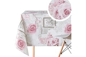 KP HOME Nappe Toile Ciree Rectangulaire 140x250 cm Motif de Shabby Grise Clair Épaisse Essuyable Imperméable PVC Toile Plastique Facile à Nettoyer Imprimée Fleur Rétro Roses Anglaises