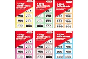 EVELAY Raffle Ticket | 6 Books of 1-1000 | Easy to tear | Perforated - Mixed Colours - Cloakroom Raffle Tombola Draw Tickets Numbered