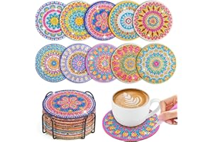WuGU Sottobicchieri Diamante, 10 Pezzi Sottobicchiere Dipinto a Diamante con Supporto, Fai da te Mandala Sottobicchieri, Set di Sottobicchieri con Pittura a Diamante per Adulti & Bambini