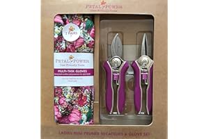 PETAL POWER Ladies Mini Pruner Secateurs & Ladies Gardening Gloves (2 Pairs) Set - Bypass & Snipper Pruners - Lightweight Garden Gloves - Best Garden Gift for Women (Medium Glove, Purple/Rose Garden Floral)