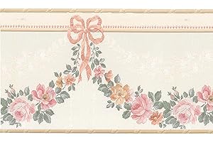 Dundee Deco BD6019 Prepasted Wallpaper Border - Floral Beige, Pink, Green Flowers in Garland Wall Border Retro Design, 15 ft x 5.25 in (4.57m x 13.34cm)