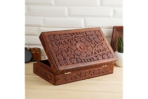 Ajuny Wooden Handcarved Decorative Jewelry Storage Box Flower Design Multipurpose Treasure Chest Keepsake Organizer Necklaces Watch Boxes Great for Gifts 8x5 Inch