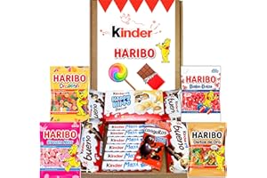 WIKIMARK Lote Chocolates Kinder y Gominolas Haribo Regalo Cumpleaños. La Caja Contiene Chocolates Kinder y 4 Bolsas de Chuches Haribo de Cumpleaños. Kinder Bueno, Kinder Chocolate, Kinder Hippo y Conguitos.