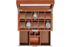 ROTHWELL Scatola per orologi con 10 scomparti con cassetto per riporre orologi, organizer di lusso per orologi, fodera in microfibra ultra morbida, chiusura a chiave, con grande ripiano in vetro