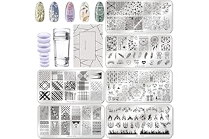 BUDOCI 6er Nagel Stamping Schblonen Platte Set,Nail Stamping Kit mit Nagelplatte,Stempel und Schaber für Nagelstempel Maniküre French Nail Art/Pflanze/Puzzle/Geometrie/Feuer/Tier/Spitze/Feder