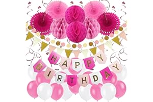 ZERODECO Birthday Party Decoration, Happy Birthday Banner with Paper Fans, Honeycomb Balls, Triangular Pennants, Circle Paper Garland, Hanging Swirls and Balloons - Pink, Rose Red and White