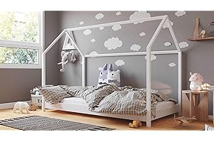 WFL GROUP Letto Montessori design a Casetta 90x200 80x180x160 - Letto a Capanna per Bambini - Per Bambini e Bambine - Legno di Pino naturale - Bianco - 200x90
