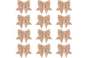 Whaline 12 Stück Weihnachtsschleifen-Dekorationen, glitzernde rotgoldene Kränze, Schleifen, kleine Weihnachtsbaumschleife, Pailletten-Fliegen, Weihnachtsdekoration, für Zuhause, Weihnachtsfeier, 14 cm