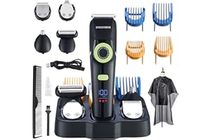 BarberBoss Tondeuse à barbe pour hommes, tondeuse pour oreilles et poils de nez, cadran de précision, lame en céramique, 4 peignes, étanche, affichage LED et verrou de voyage, QR-6085