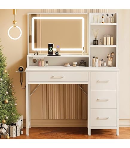 Coiffeuse Avec Miroir LED 3 Modes - Prises USB Et Secteur Intégrées - Tiroirs Et Support Sèche-Cheveux - Design Blanc Moderne