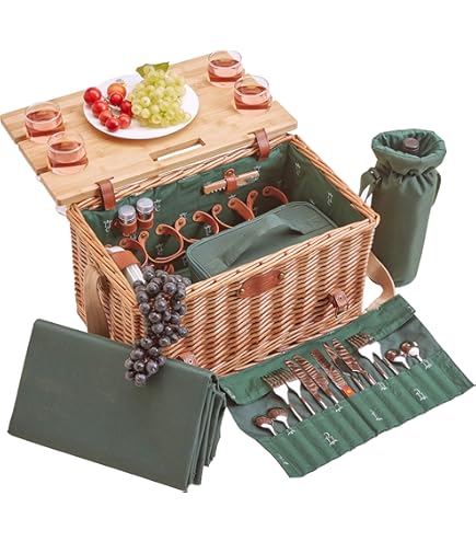 thumbnail image 2 of Les Jardins De La Comtesse - Natural Wicker Bottle Basket - Drink/Wine/ Champagne/Water - 4 Compartments - Picnic Accessory- Includes Corkscrew 25 X 25 X 40 Cm 2 of 9