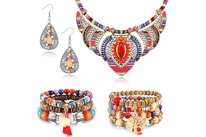 CASSIECA Bohemian Jewelry Set for Women Ethnic Style Costume Necklace Multilayer Boho Stretch Beaded Bracelet Vintage Dangle Earrings Boho Rings