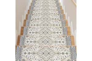 ‎HOMCOMODAR Homcomodar 15PCS Stufenmatten Innen 76x20cm Vintage Treppenstufen Matten,Rutschschutz Treppenteppich für Holzstufen,Gummirücken Stufenteppich Selbstklebend Teppich für Treppenstufen(Beige/Grün)