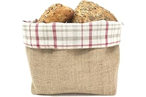 Gaidra Cesto Pane Cestino Portapane in Tessuto Iuta e Cotone Doubleface - Sacchetto di Design Fatto con qualità Artigianale in Fibre Naturali - Quadretti, Rosso, 20 x 20 x 10 cm