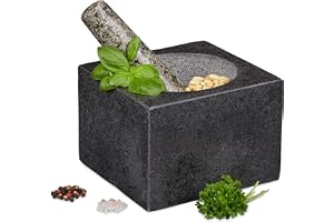 Relaxdays mortel med stöt, kryddkross med mortelstöt, stenmortel och pistill, granit, ca 14,5 x 14,5 cm