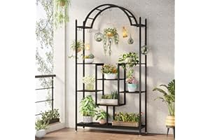 Tribesigns 5-poziomowy wysoki stojak na rośliny domowe, 190 cm łukowata metalowa czarna półka na rośliny z wiszącymi haczykami, wielofunkcyjny duży stojak na kwiaty bonsai do wnętrz, na balkon, do