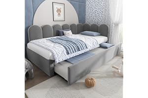 ‎JOVIFY Polsterbett Tagesbett 90x200 Einzelbett mit Ausziehbett 90x190 cm, Kinderbett Jugendbett Daybett Gästebett Schlafsofa Sofabett Bettgestell mit Lattenrost aus Metall, Ohne Matratze, Samtstoff, Grau